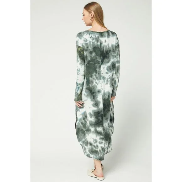 Entro Tie Dye Ribbed Pocket Midi Dress, Olive - Picture 4 of 6